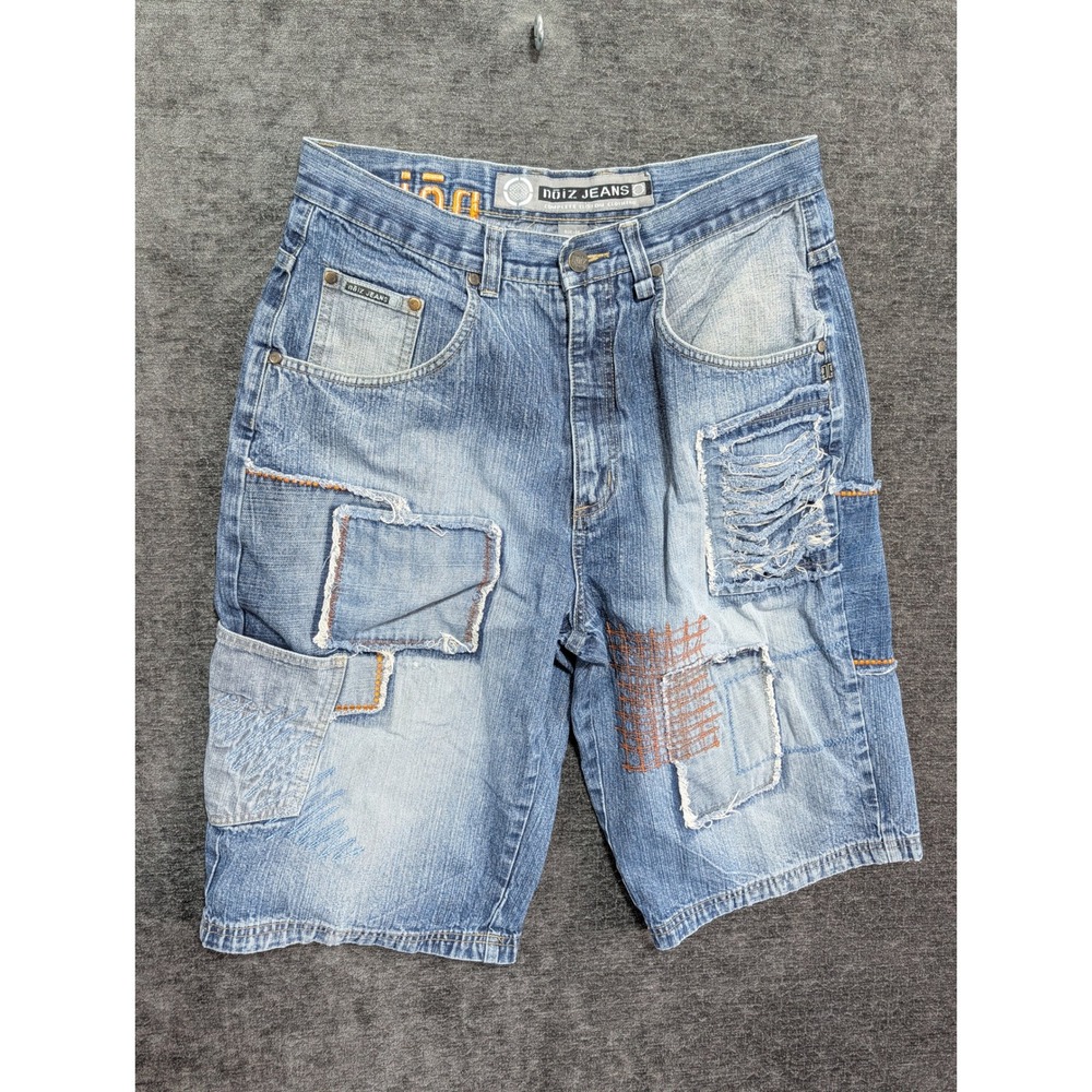 Noiz Jeans Mens 34 Blue Denim Shorts Y2K Patchwork Distressed Cargo Streetwear